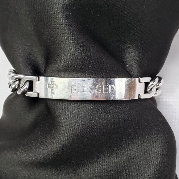 BI Other - Mens Christian Blessed Cross Bracelet Engraved Stainless Steel Cuban Chain 8.25"